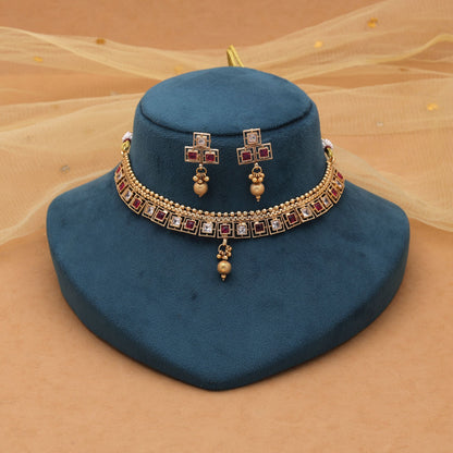 Rani Color Kundan Necklace Set with Beautiful Matte Gold Art