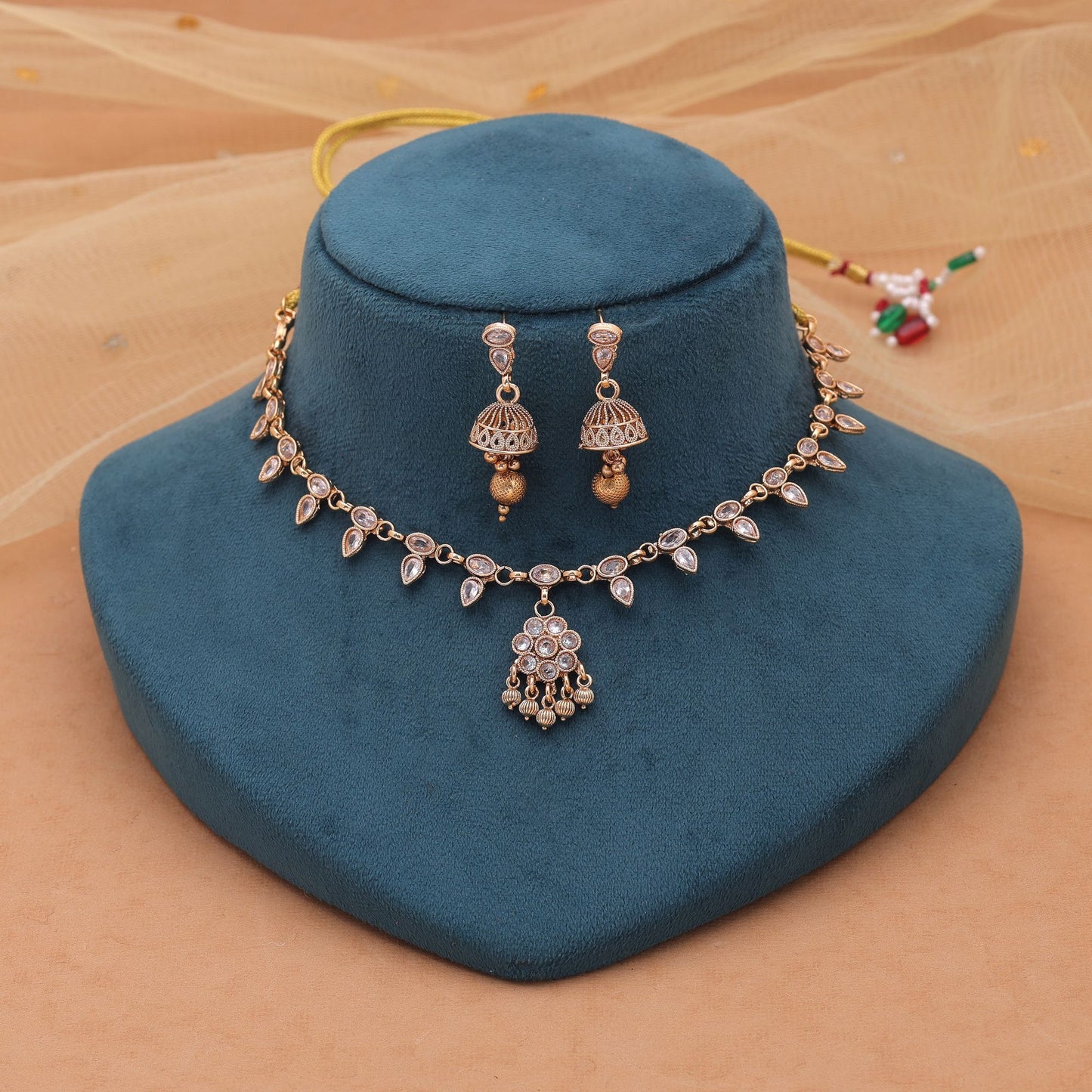Gold Color Kundan Necklace Set with Festive Matte Gold Design