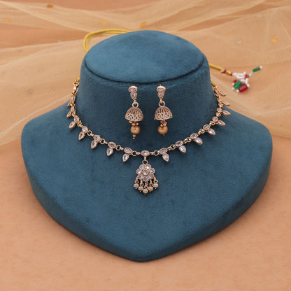 Gold Color Kundan Necklace Set with Festive Matte Gold Design