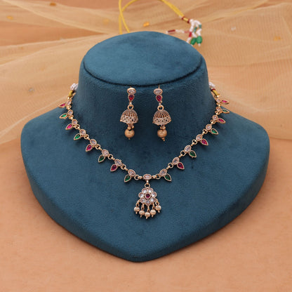 Rani & Green Color Kundan Necklace Set with Intricate Gold Work