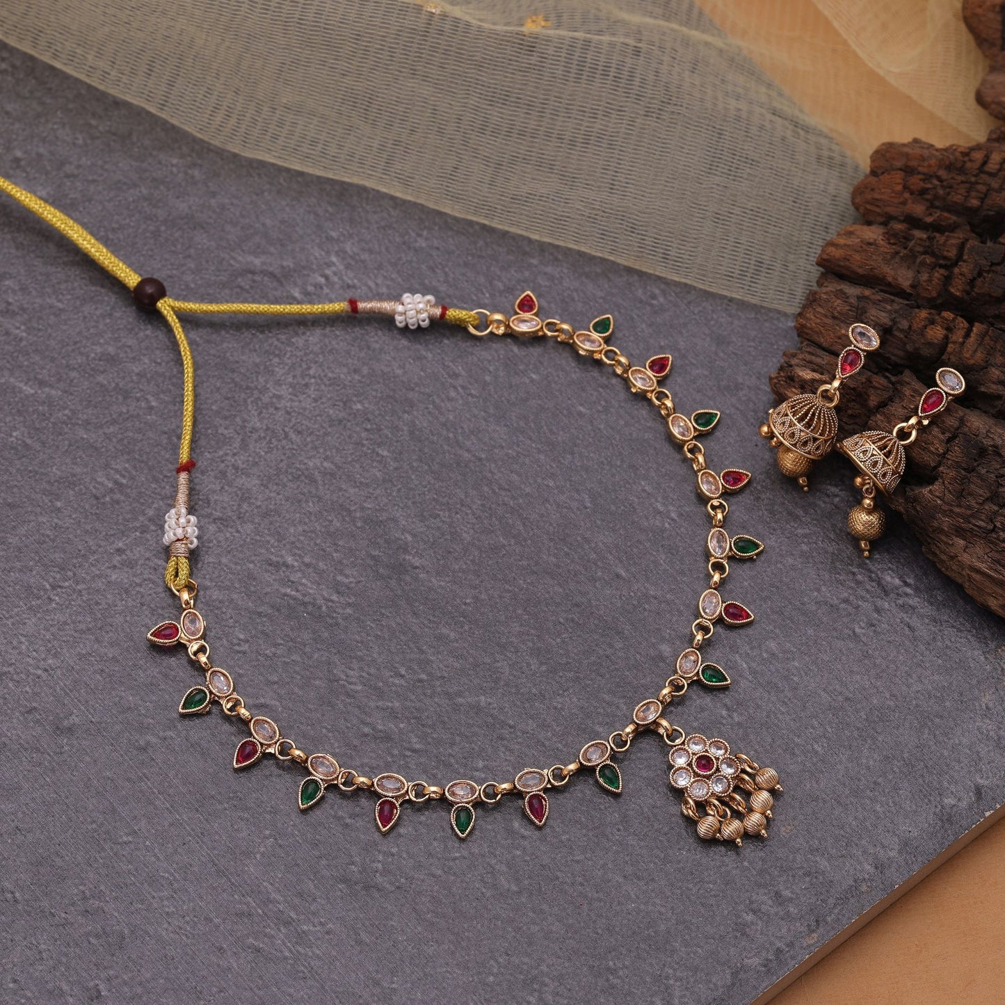 Rani & Green Color Kundan Necklace Set with Intricate Gold Work