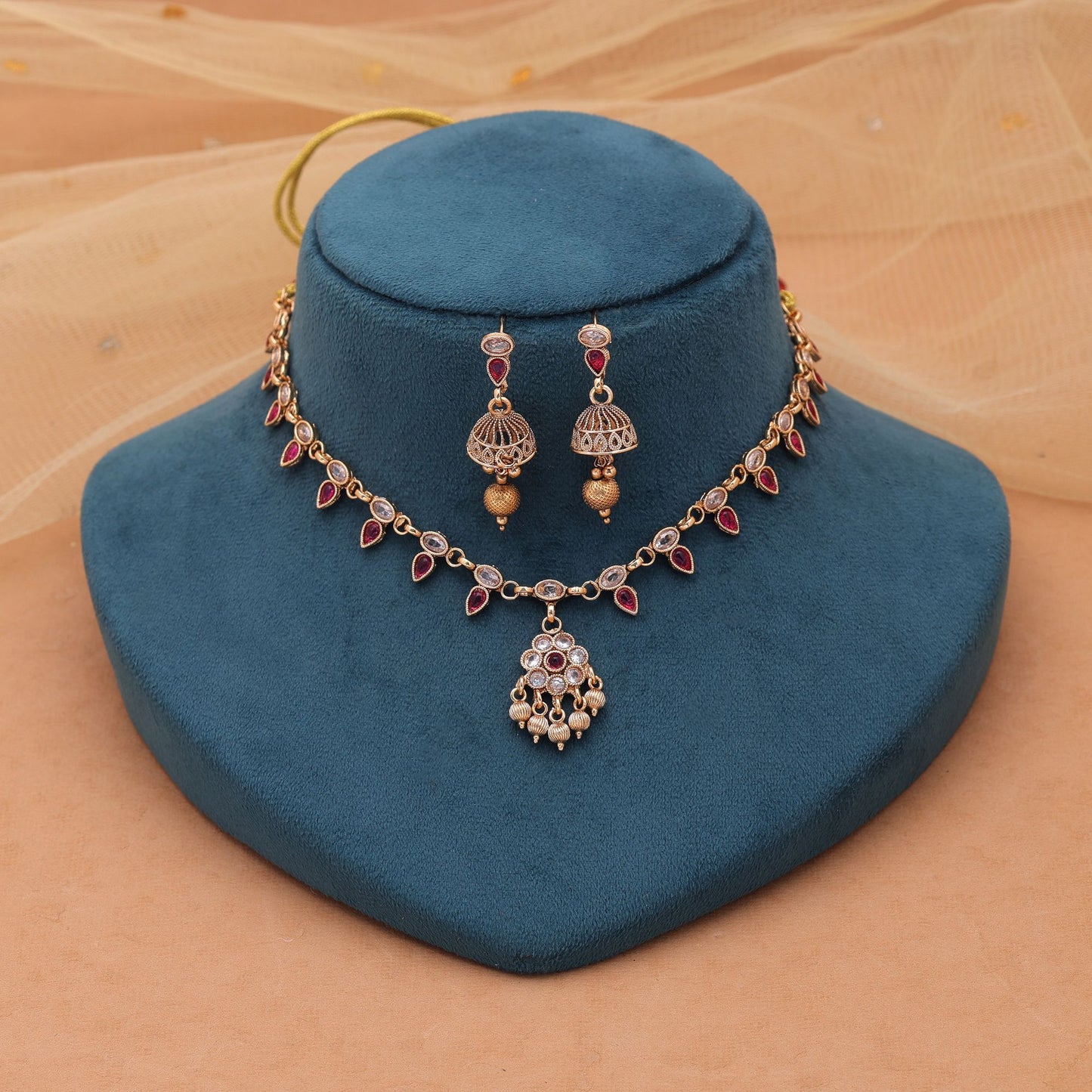 Rani Color Kundan Necklace Set with Timeless Matte Gold Beauty