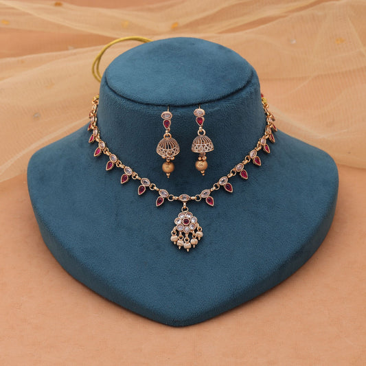 Rani Color Kundan Necklace Set with Timeless Matte Gold Beauty