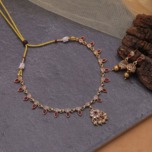 Rani Color Kundan Necklace Set with Timeless Matte Gold Beauty