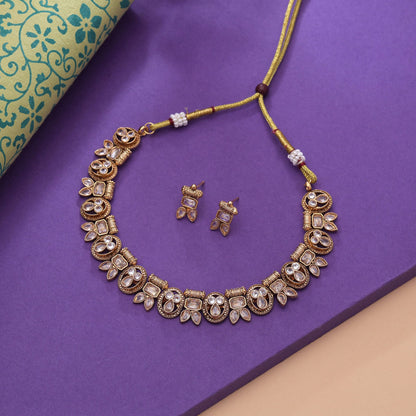 Gold Color Kundan Necklace Set with Elegant Ethnic Appeal