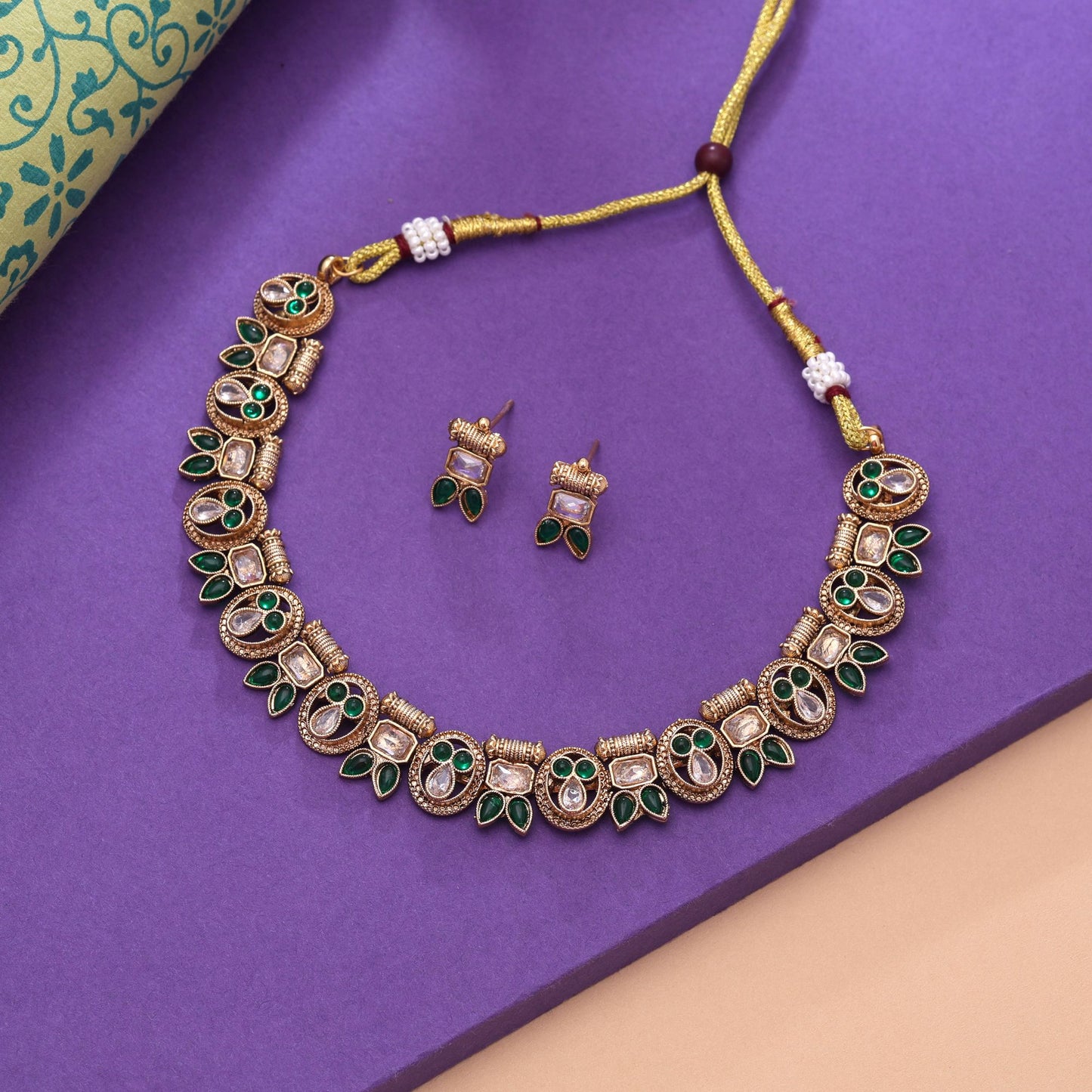 Green Color Kundan Necklace Set with Royal Matte Gold Finish