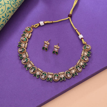 Green Color Kundan Necklace Set with Royal Matte Gold Finish