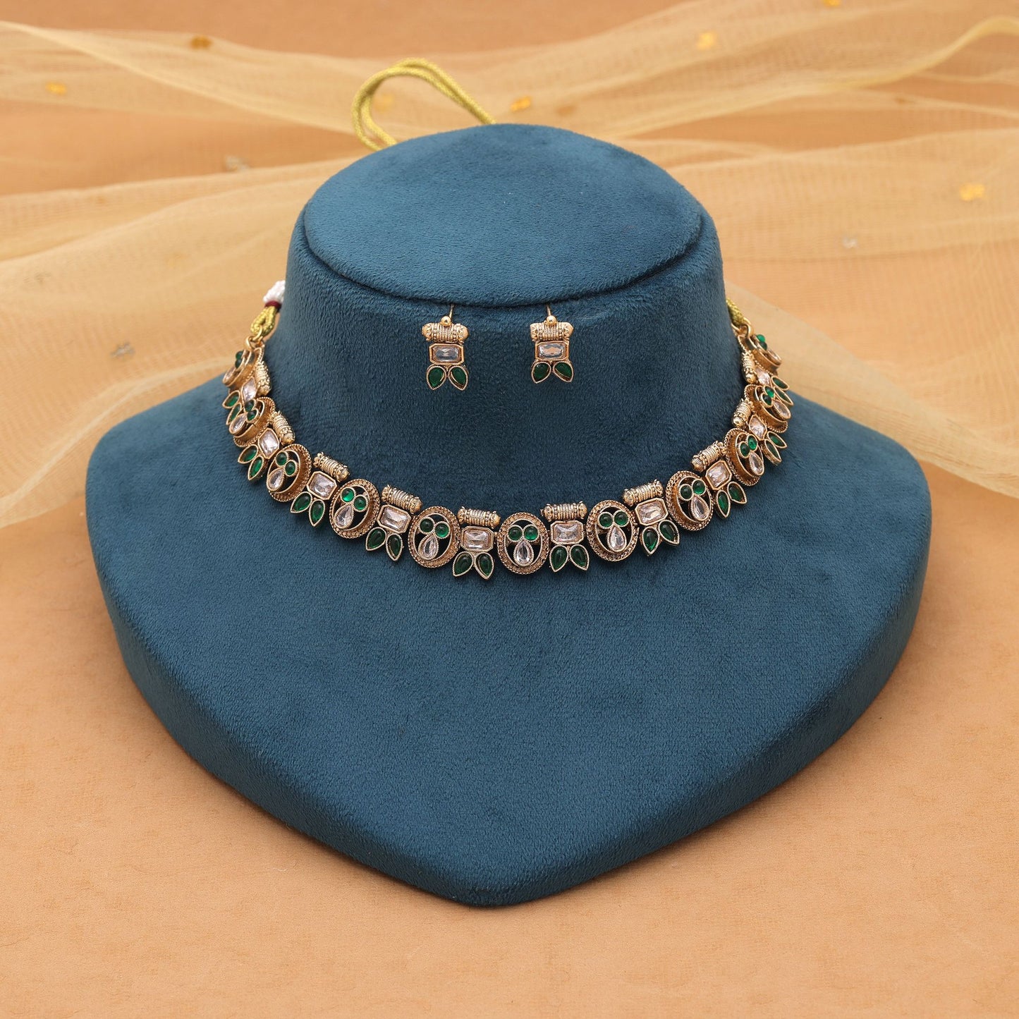 Green Color Kundan Necklace Set with Royal Matte Gold Finish