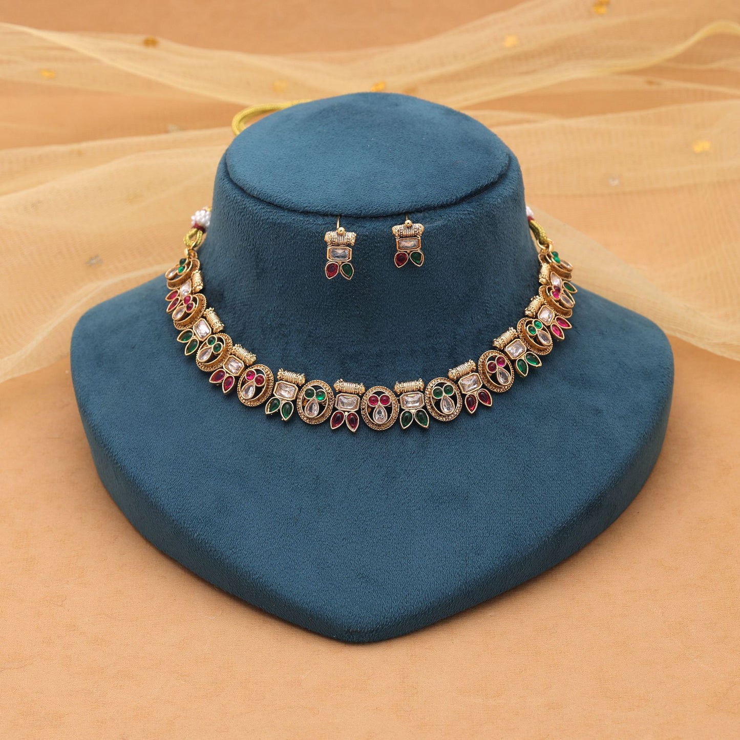 Rani & Green Color Kundan Necklace Set with Designer Craftsmanship