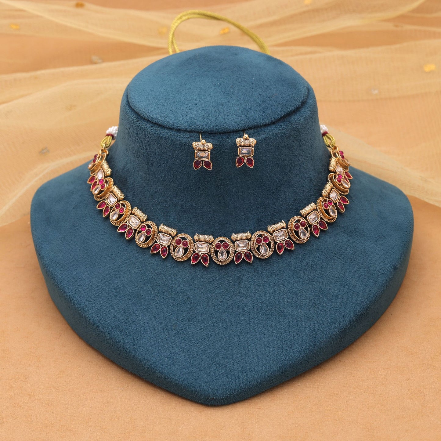 Rani Color Kundan Necklace Set with Classic Traditional Elegance