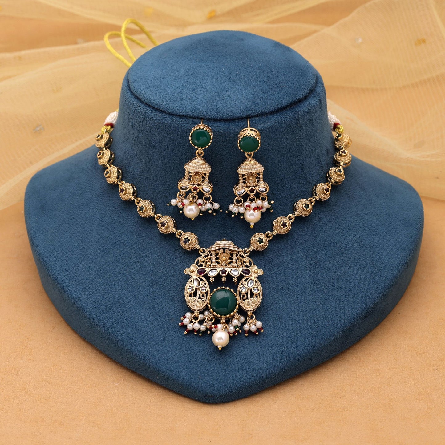 Green Color Kundan Necklace Set with Stunning Traditional Beauty