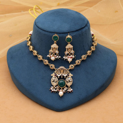 Green Color Kundan Necklace Set with Stunning Traditional Beauty