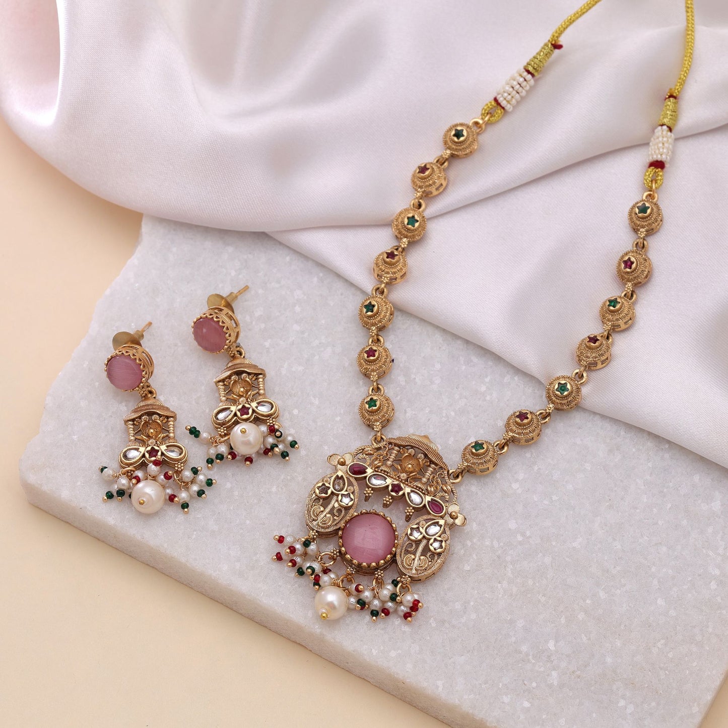Light Pink Color Kundan Necklace Set with Elegant Gold Design