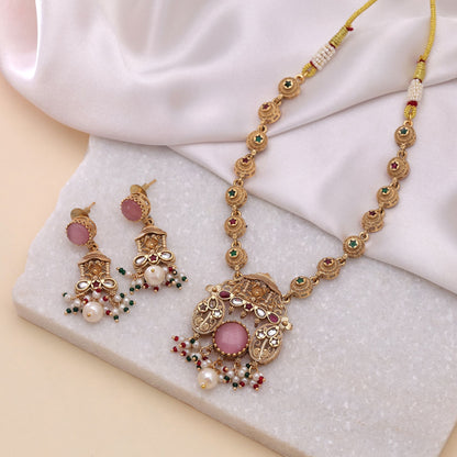 Light Pink Color Kundan Necklace Set with Elegant Gold Design