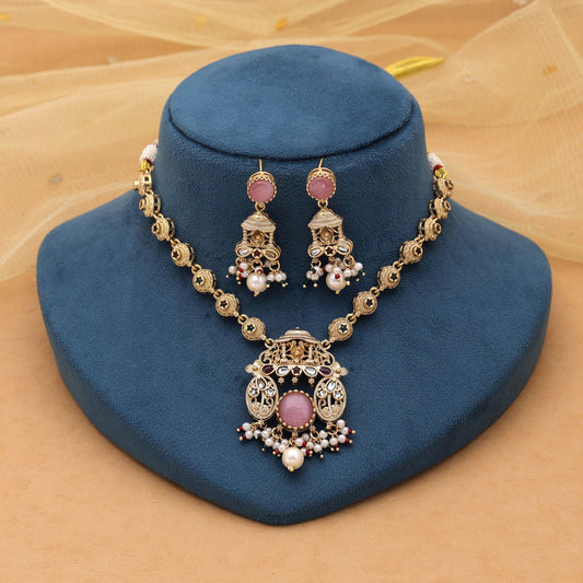 Light Pink Color Kundan Necklace Set with Elegant Gold Design