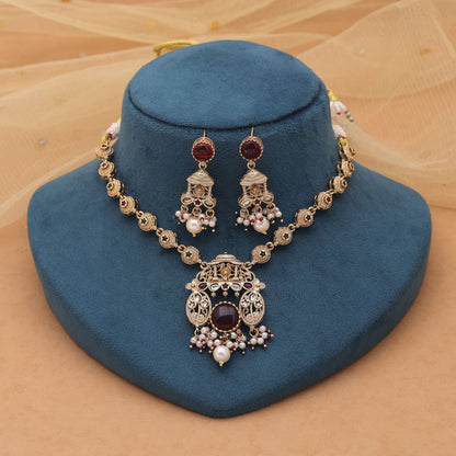 Maroon Color Kundan Necklace Set with Royal Matte Gold Style