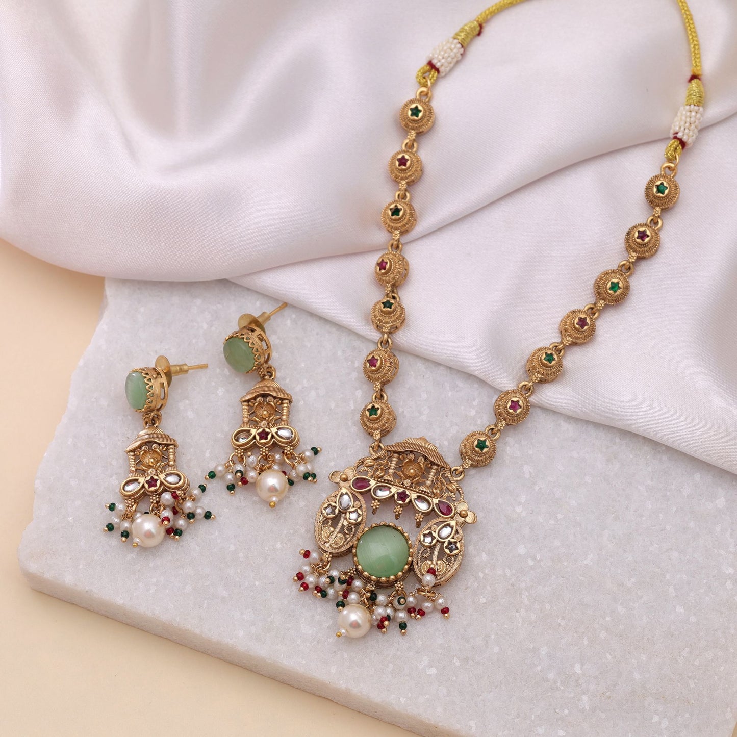 Pista Green Color Kundan Necklace Set with Matte Gold Finish