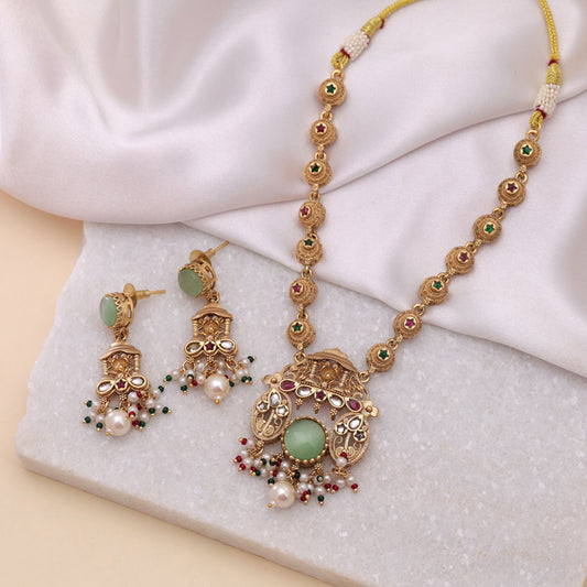 Pista Green Color Kundan Necklace Set with Matte Gold Finish