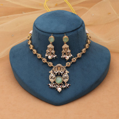 Pista Green Color Kundan Necklace Set with Matte Gold Finish