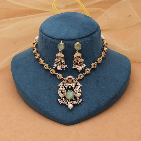 Pista Green Color Kundan Necklace Set with Matte Gold Finish