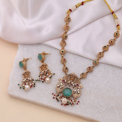 Rama Green Color Kundan Necklace Set with Premium Gold Look