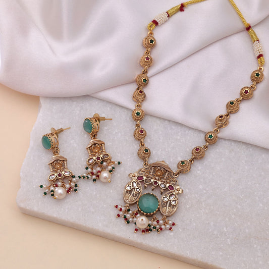 Rama Green Color Kundan Necklace Set with Premium Gold Look