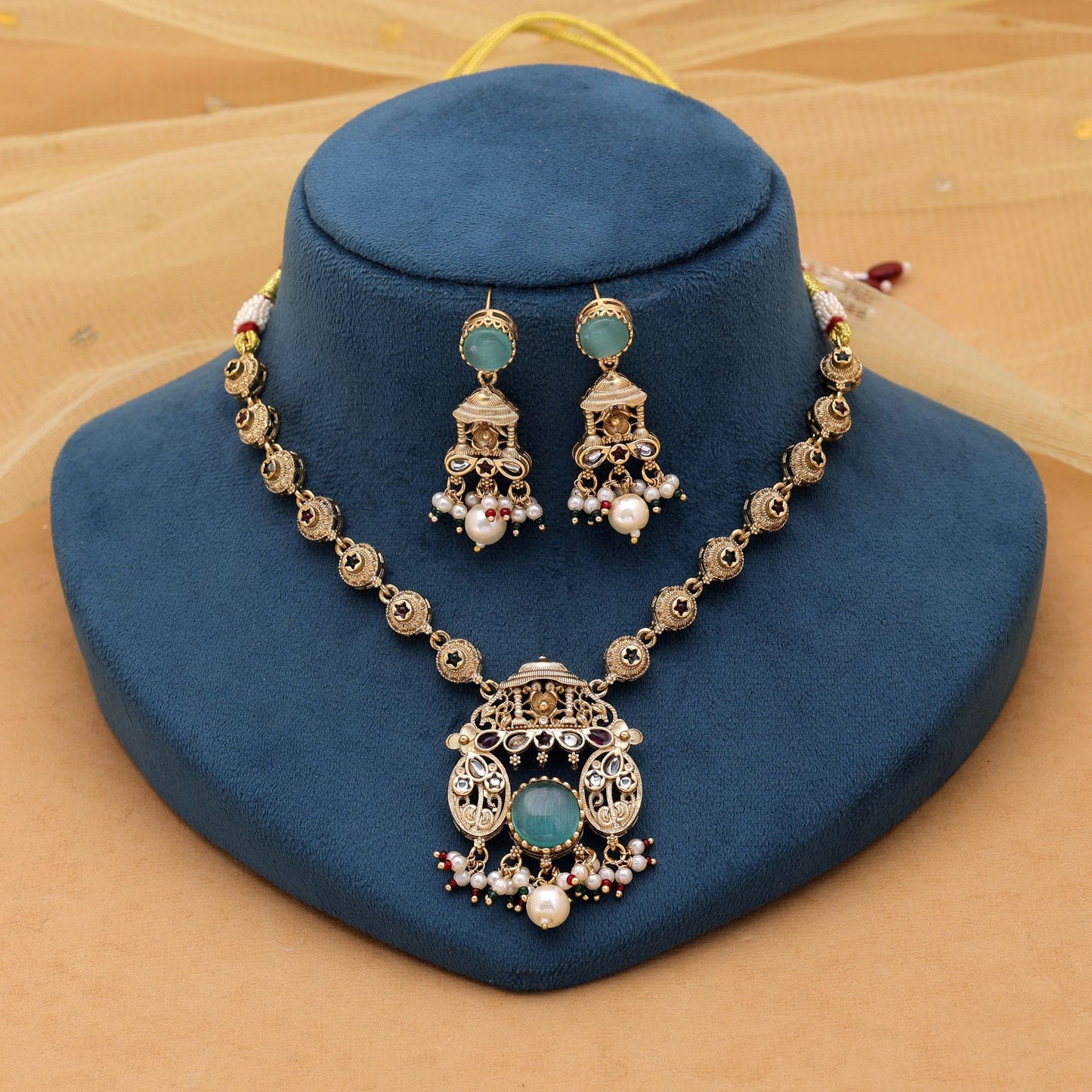 Rama Green Color Kundan Necklace Set with Premium Gold Look