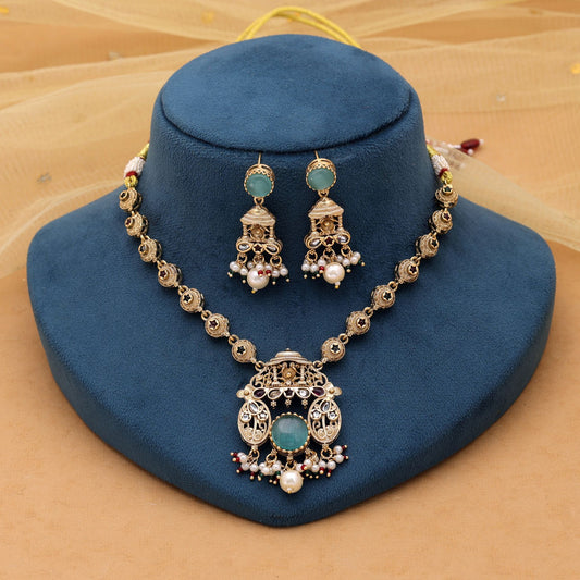 Rama Green Color Kundan Necklace Set with Premium Gold Look