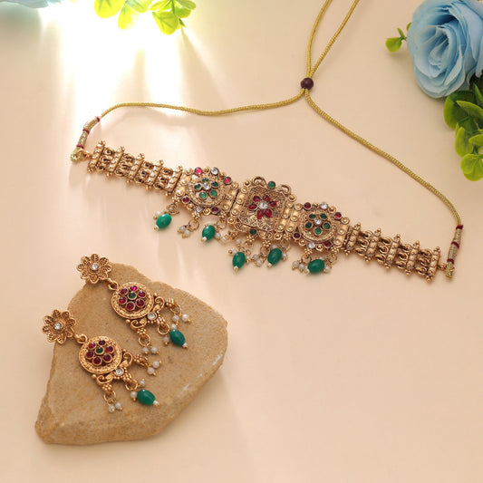 Green Color Matte Gold Necklace Set with Temple Inspired Traditional Designer Jewelry