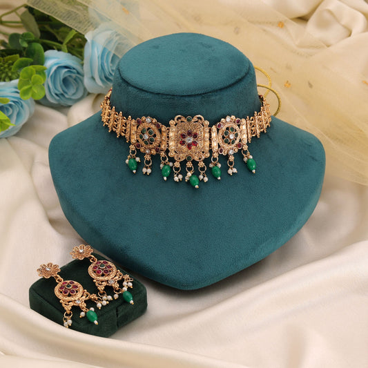 Green Color Matte Gold Necklace Set with Temple Inspired Traditional Designer Jewelry