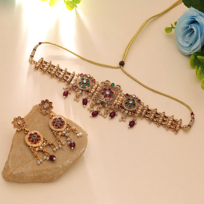 Maroon Color Matte Gold Necklace Set with Classic Ethnic Temple Pattern