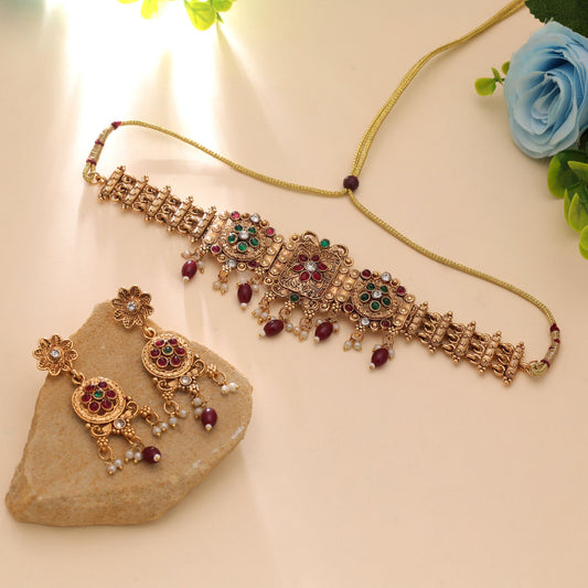 Maroon Color Matte Gold Necklace Set with Classic Ethnic Temple Pattern