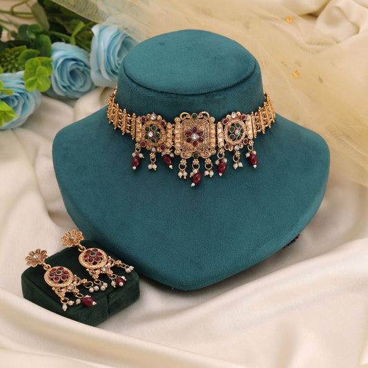 Maroon Color Matte Gold Necklace Set with Classic Ethnic Temple Pattern