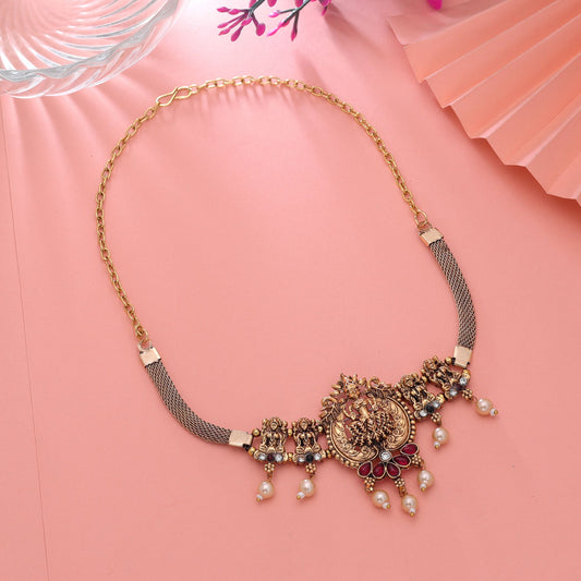 Maroon & Green Color Choker Temple Necklace with Intricate South Indian Design
