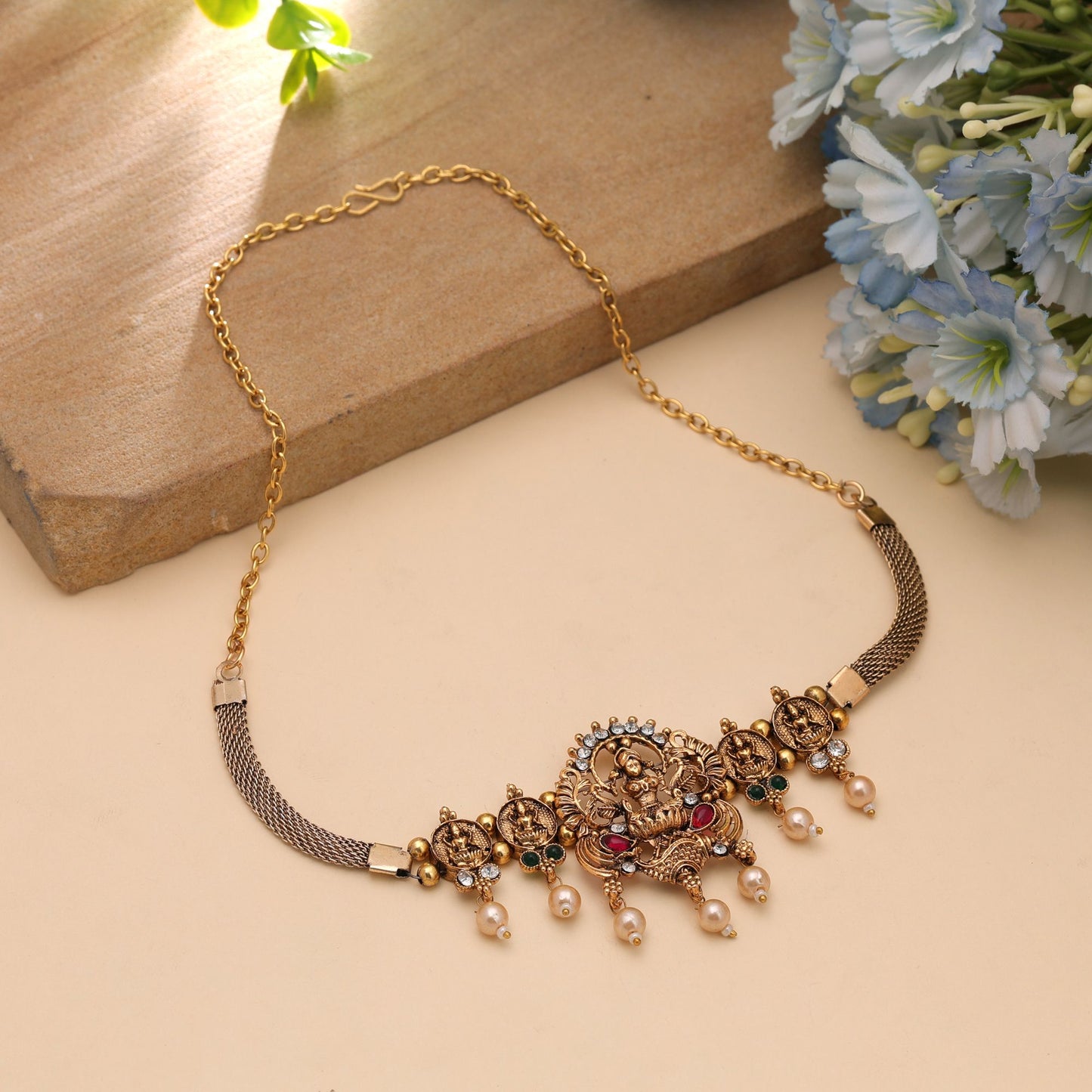 Maroon & Green Color Choker Temple Necklace with Traditional Goddess Motif Work