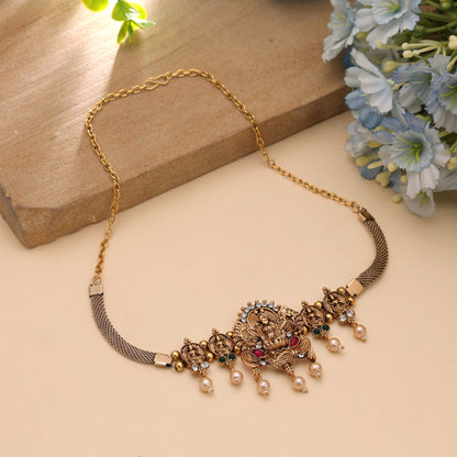 Maroon & Green Color Choker Temple Necklace with Traditional Goddess Motif Work