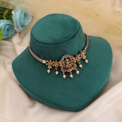 Maroon & Green Color Choker Temple Necklace with Traditional Goddess Motif Work