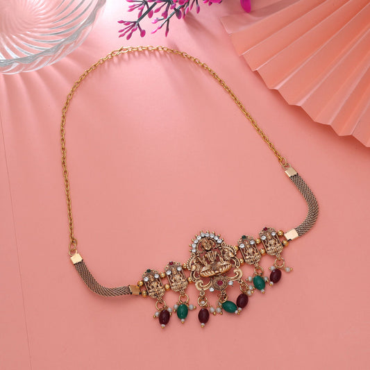 Maroon & Green Color Choker Temple Necklace with Antique Gold Finish Style