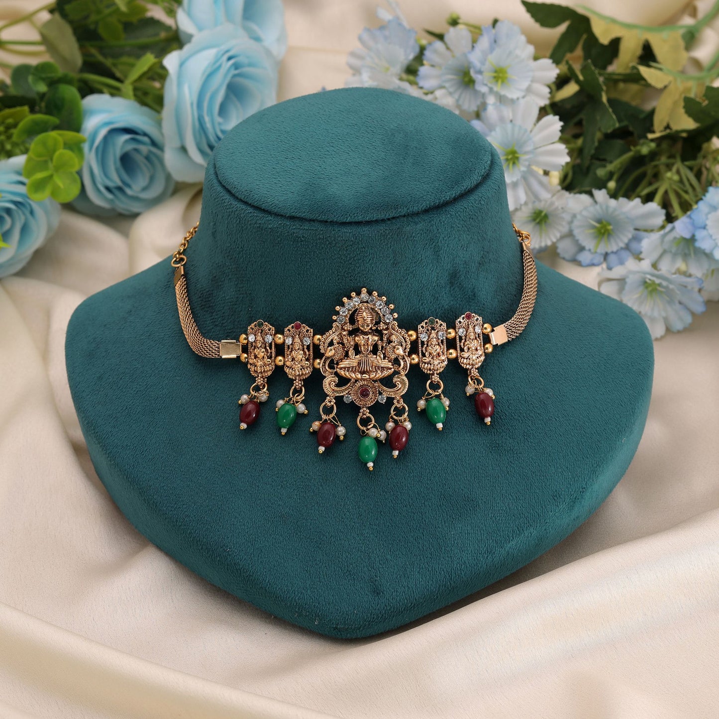 Maroon & Green Color Choker Temple Necklace with Antique Gold Finish Style