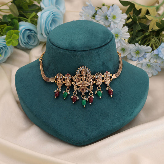 Maroon & Green Color Choker Temple Necklace with Antique Gold Finish Style