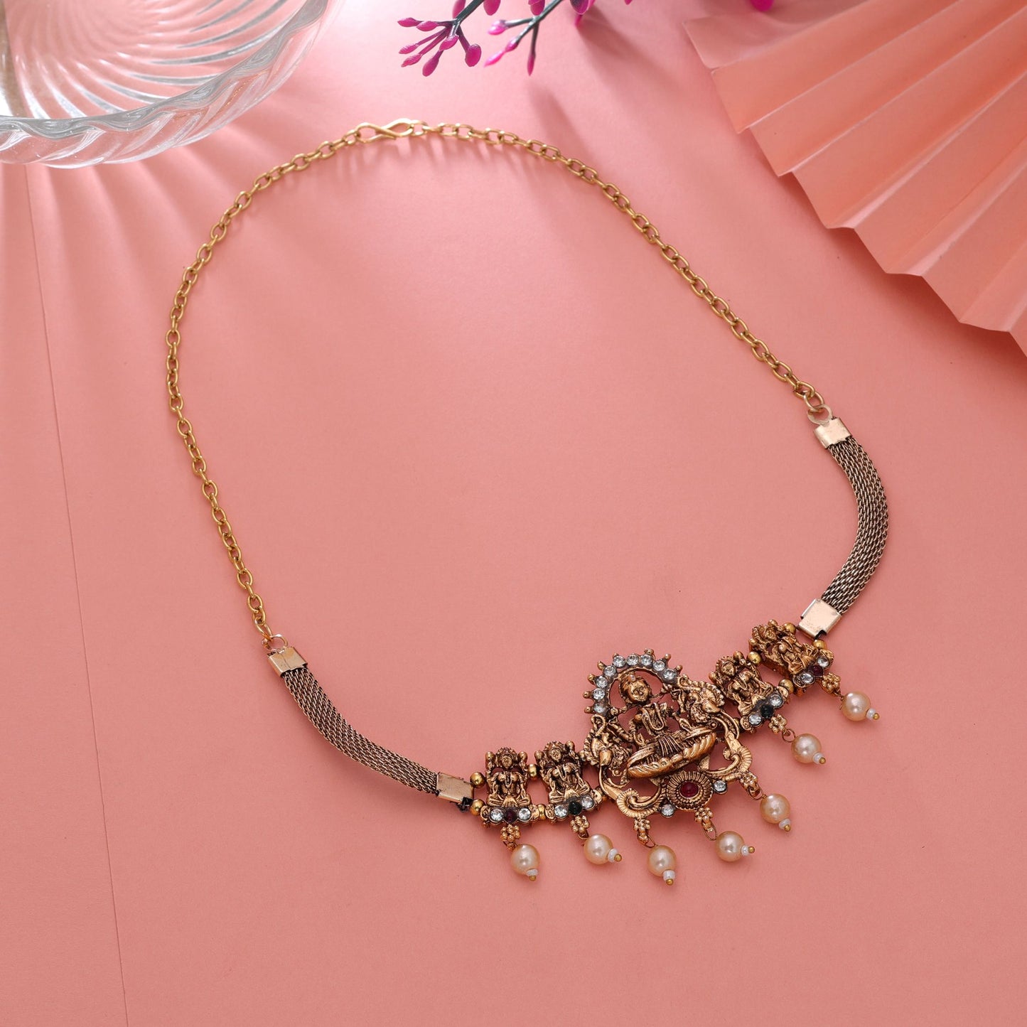 Maroon & Green Color Choker Temple Necklace with Royal Festive Look Design