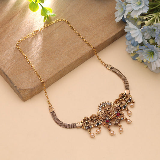 Maroon & Green Color Choker Temple Necklace with Detailed Temple Craftsmanship