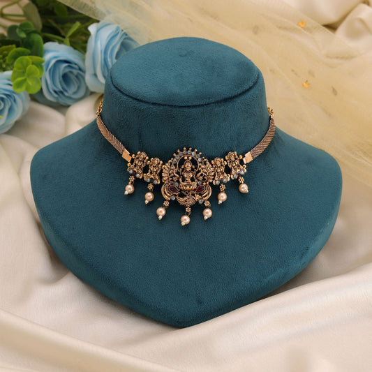 Maroon & Green Color Choker Temple Necklace with Detailed Temple Craftsmanship
