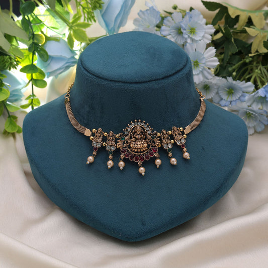 Maroon & Green Color Choker Temple Necklace with Heritage Inspired Artwork