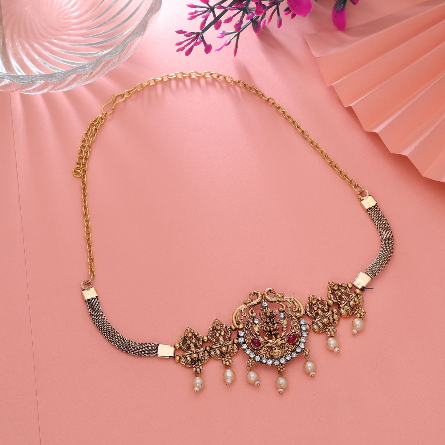 Rani Color Choker Temple Necklace with Traditional South Indian Detailing