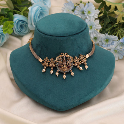 Rani Color Choker Temple Necklace with Traditional South Indian Detailing