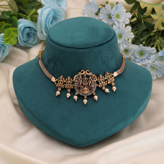 Rani Color Choker Temple Necklace with Traditional South Indian Detailing