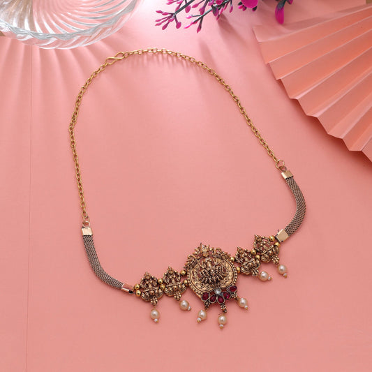 Rani Color Choker Temple Necklace with Antique Ethnic Gold Finish
