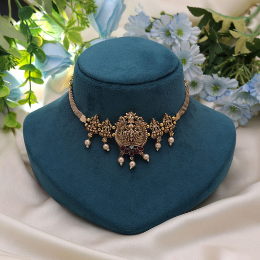 Rani Color Choker Temple Necklace with Antique Ethnic Gold Finish