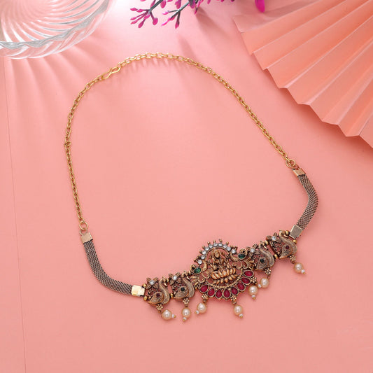 Rani & Green Color Choker Temple Necklace with Classic Cultural Artwork